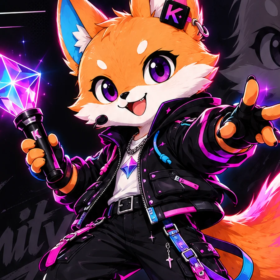Kkiri's face from the character sheet: orange fur, violet eyes, a black K tag clipped to one ear, the Prism Mic-Stick raised.