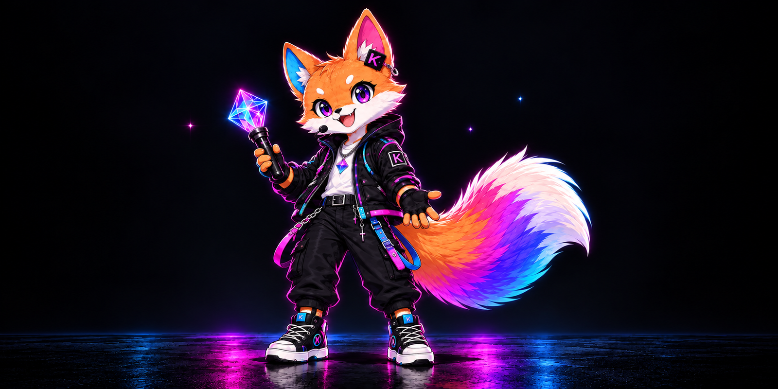 Kkiri on a neon stage, holding the Prism Mic-Stick