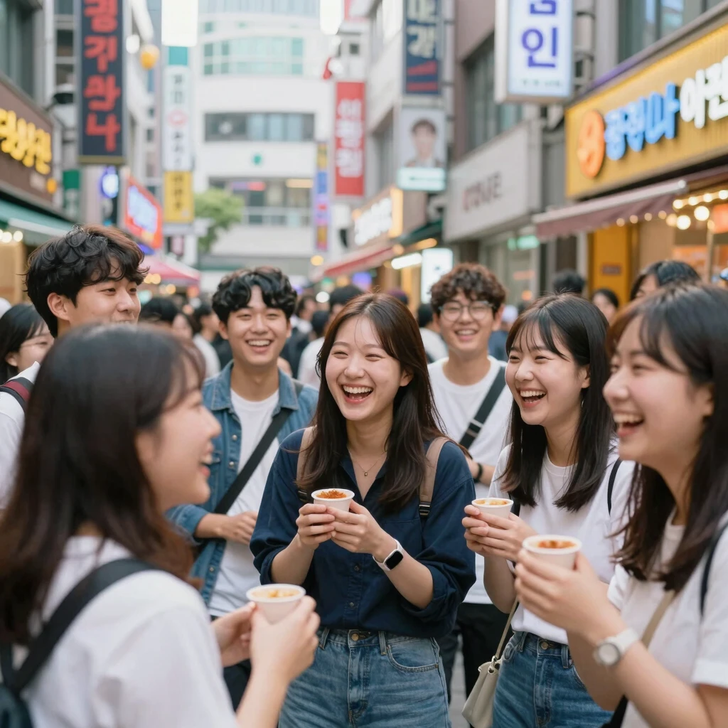 Sekelompok anak muda tertawa di jalan Seoul.